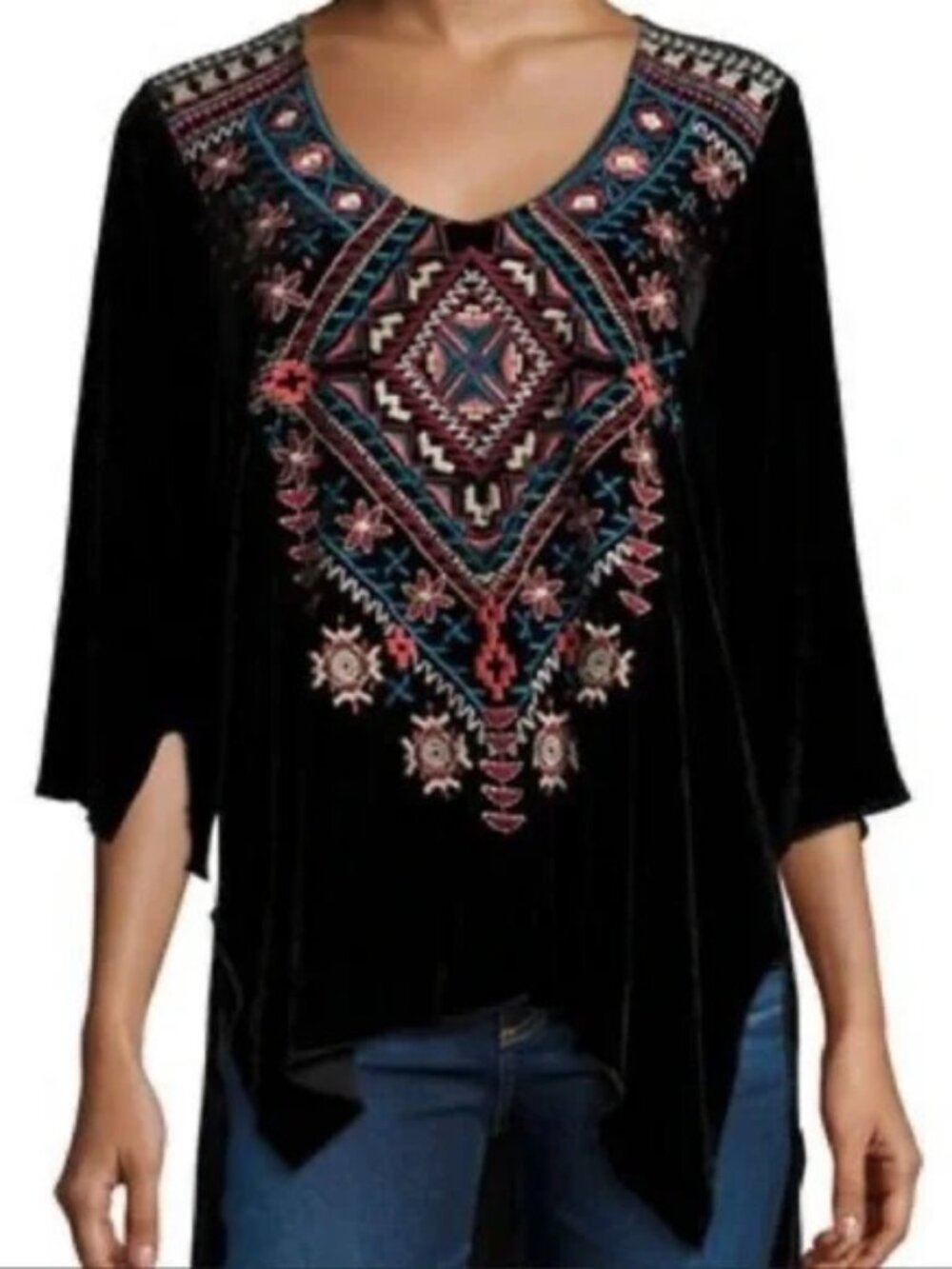 Johnny Was Embroidered Lorne Tunic S B42" fit M? Lush Silk-Velvet, 8"Side Splits